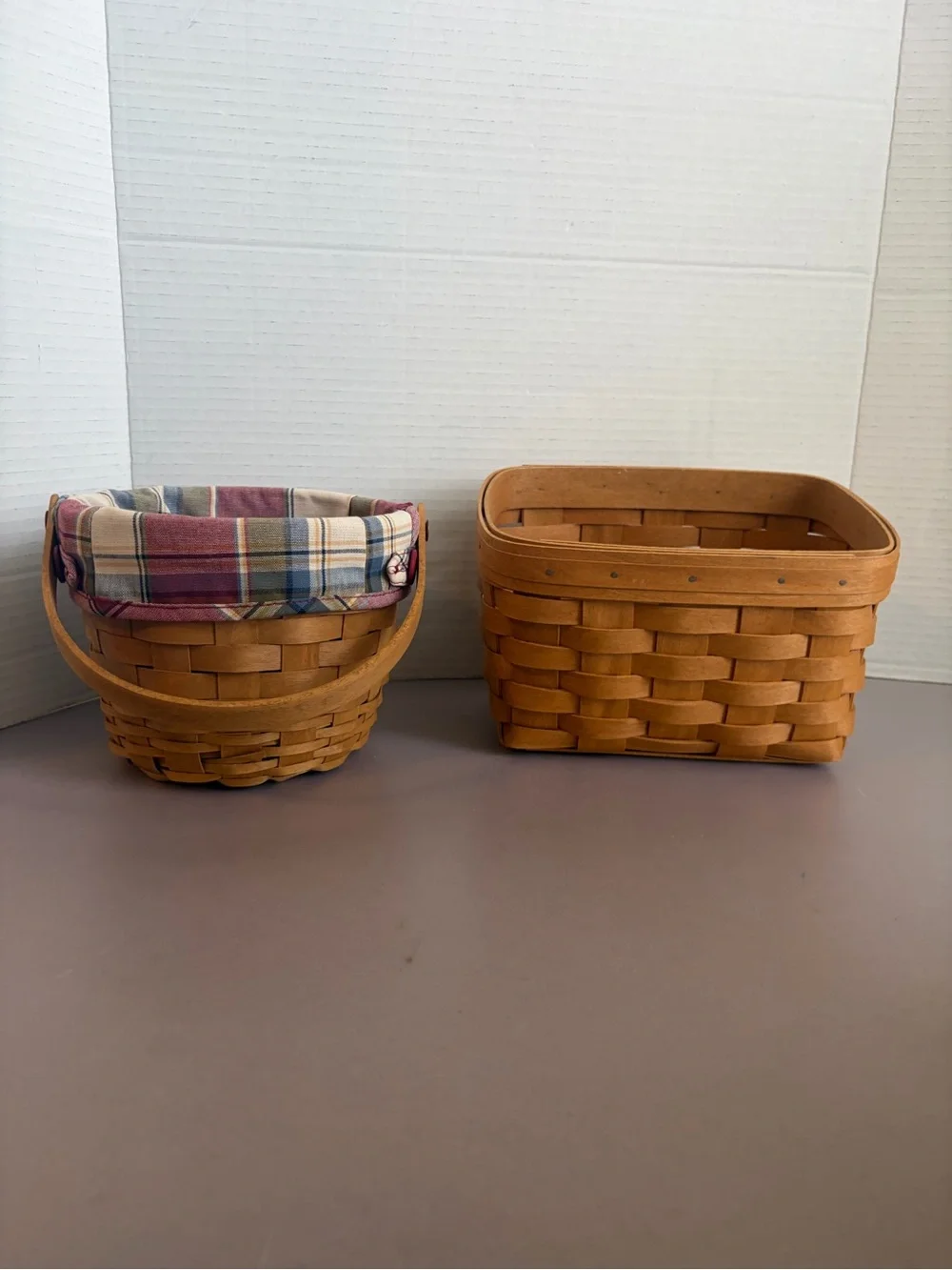 Longaberger Woven Basket Pair with Plaid Liner - Brown & Multicolor